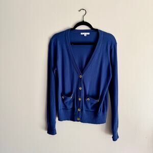 Cabi Blue with Gold Buttons V Neck Cadet Long Sleeve Cardigan Medium